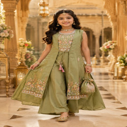 Girls Premium Embroidered Jacket Palazzo Set with Potli Bag